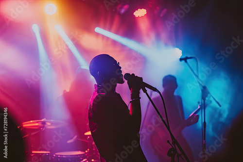 Silhouette of a Singer Performing Live on Stage with Band and Vibrant Stage Lights