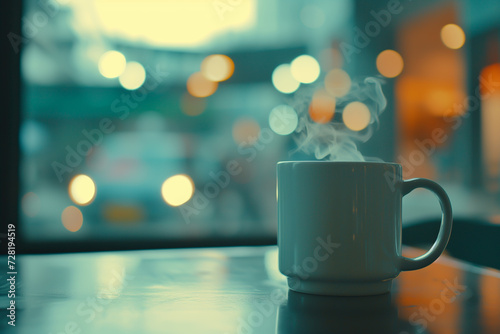 Hot drinks  Cup of coffee with steam on table and blurred bokeh of outside window view on background.