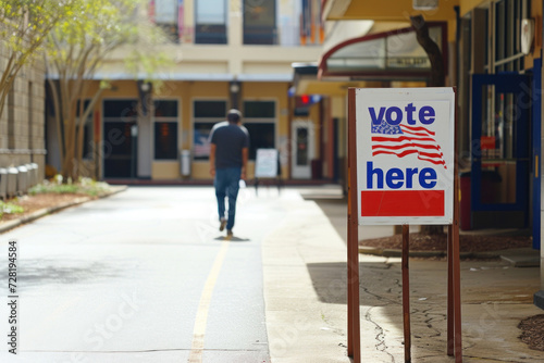 Citizen Approaching a Polling Station with "Vote Here" Sign on Election Day