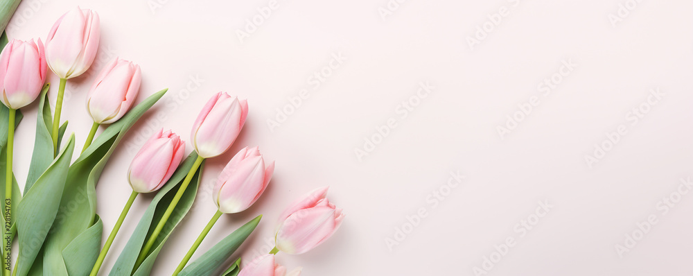 Bouquet of pink tulips on flat lay background