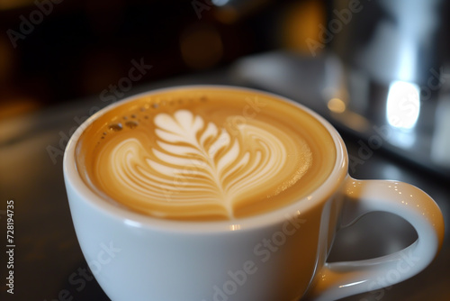 Hot coffee with latte art in white cup on table. Aroma, enjoy beverage, Relax time with hot drinks.
