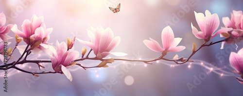 Pink magnolia flowers with butterflies in a meadow