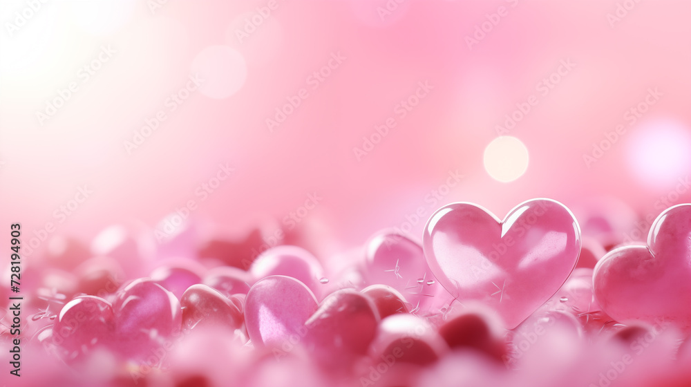 Valentine's Day. Crystal Pink hearts on pink bokeh background with copy space for text. Valentine's Day digital greeting card. Banner, Web poster for Anniversary, Birthday, Wedding, Romantic.