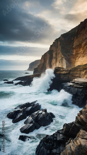 Coastal Cliffside with Dramatic Waves Crashing Against Rocks