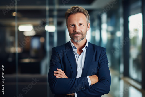 Confident CEO in suit posing in modern office environment