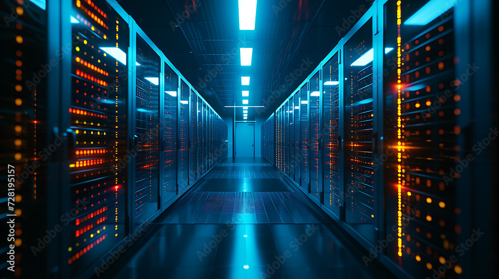 Um centro de dados futurista com fileiras de servidores emitindo um brilho suave representando a espinha dorsal da infraestrutura digital e computação em nuvem - obrazy, fototapety, plakaty 