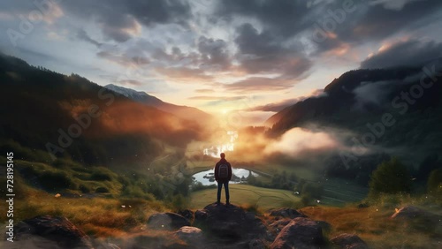man enjoy sunrise in a mountain valley. sunset in the mountains. seamless looping overlay 4k virtual video animation background  photo