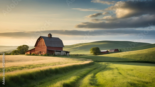Tranquil Countryside Farm with Rolling Hills and Barn american, american flag, colourful, horizontal, landscaped, liberty, serene, patriotic, calmness, curve, usa, democracy, peaceful, patriotism