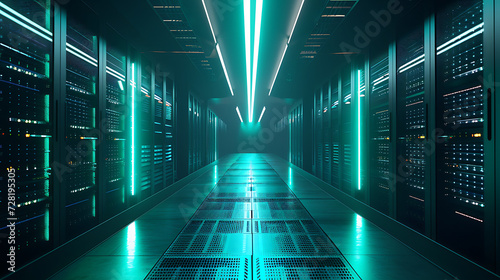 Um centro de dados futurista com fileiras de servidores emitindo um brilho suave representando a espinha dorsal da infraestrutura digital e computação em nuvem photo