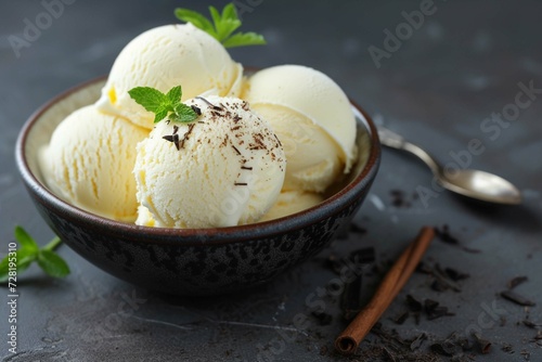 Bowl with vanilla ice cream balls