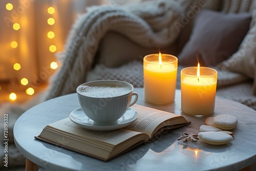 Cup of tea with paper open book and burning © Mehr