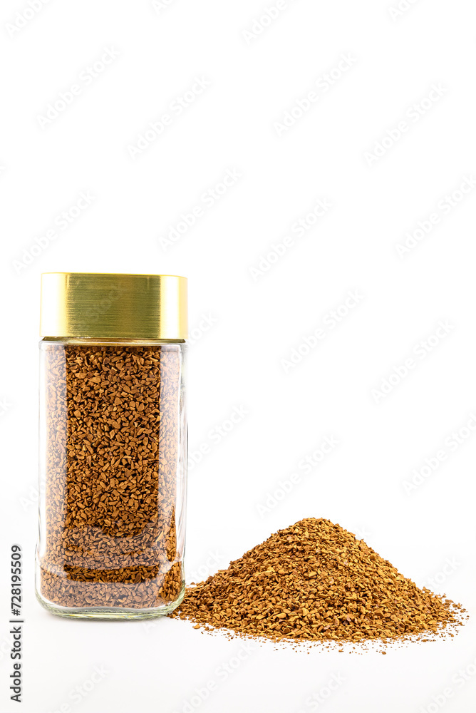 can of instant freeze-dried coffee, roasted to a golden hue, with a gold lid can of instant freeze-dried coffee, roasted to a golden hue, with a gold lid