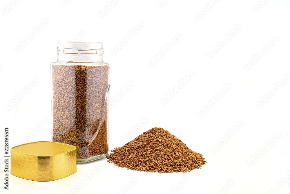 can of instant freeze-dried coffee, roasted to a golden hue, with a gold lid