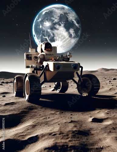 an astronaut driving a lunar rover vehicle on the moon surface in the space. earth planet seen in the background. futuristic autopilot robot technology. pc desktop wallpaper background. Generative AI  photo