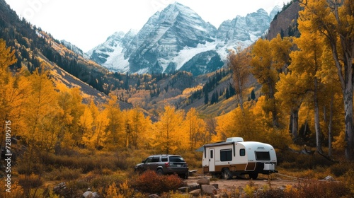Fall Season Camping: Travel Trailer and SUV in a Forest of Golden Aspen Trees mountain getaway © Matthew
