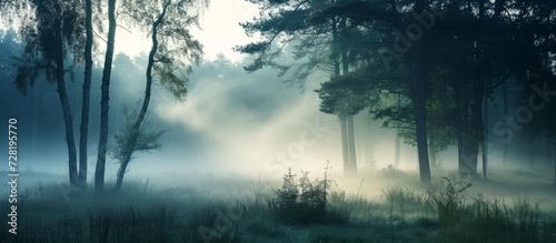 Mysterious Morning Mist Blanketing Woodland in a Enchanting Foggy Ambience