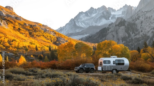 Autumn Adventure with Travel Trailer and SUV Amidst Golden Aspens and Mountains Autumn travel trailer camping © Matthew