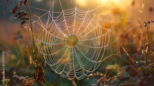 A spiders web is coated in a fine layer of dew creating a dreamy backlit landscape straight out of a fairytale.