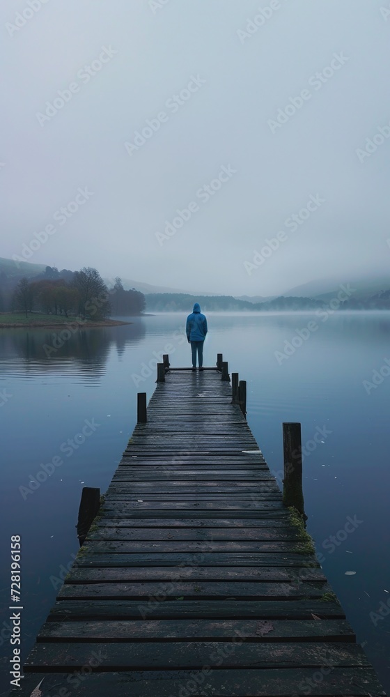 Obraz premium Serene Lake Reflection and Early Morning Fog with Person on Pier early morning fog over a calm lake, blue tones, tranquil scene, reflection of trees in water, serene nature backdrop, outdoor solitude