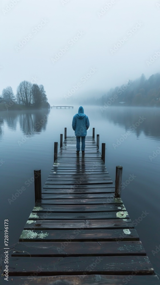 Solitary Figure on Misty Lake Dock in Tranquil Morning Scene foggy lake dock with person