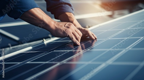 A close-up of a worker's hands carefully placing a solar panel on a roof, capturing the precision and expertise, editorial photography style, V6 --ar 16:9 Job ID: 99b2a4f3-614d-4178-95fa-586c8dcc0b64 photo