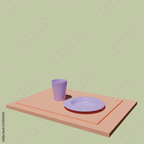 Mug and Plate concept. Realistic 3d object cartoon style.