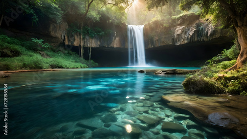 Forest Cascade  A serene jungle waterfall surrounded by lush greenery and rocks  creating a picturesque natural landscape with a flowing stream in a tropical paradise