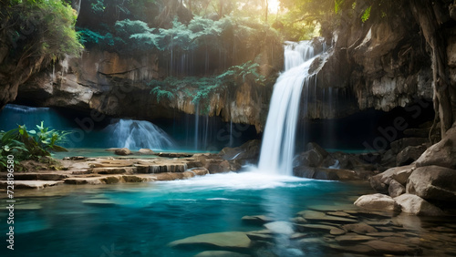 Serene Forest Waterfall Amidst Lush Greenery and Rocks