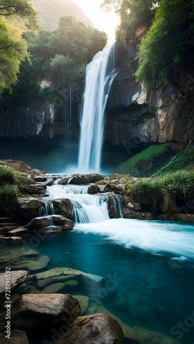 Mountainous Forest Cascade: A beautiful and refreshing waterfall flows through a lush green forest, surrounded by rocks and trees, creating a picturesque natural landscape in the summer