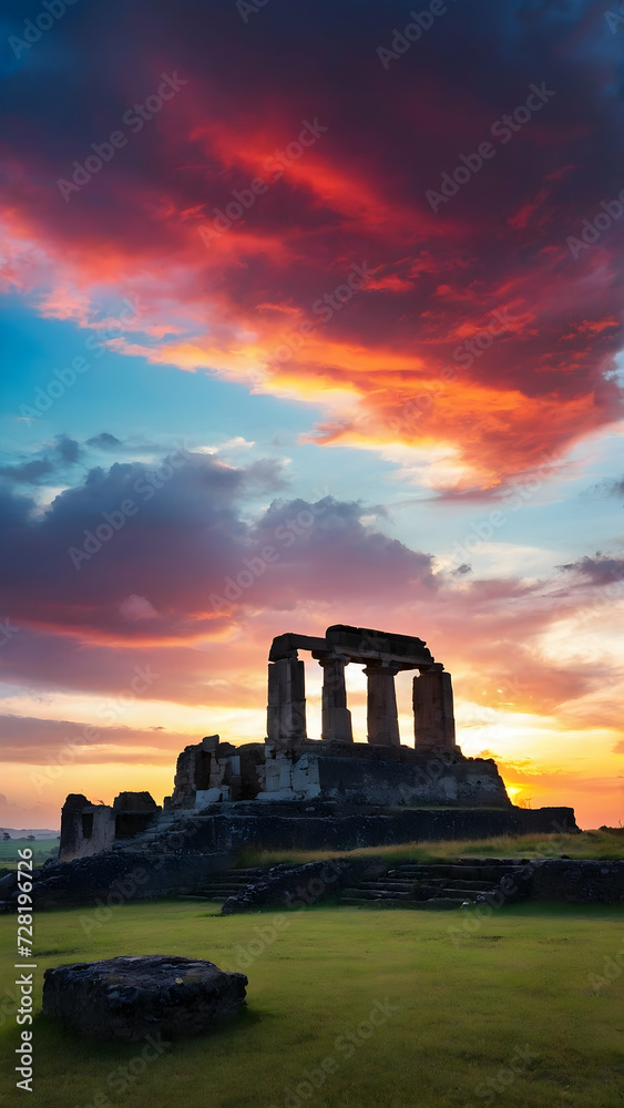 Sunset Radiance: Ancient Roman Forum Silhouetted Against an Urban Skyline with Castle Ruins