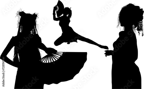 silueta, gente, mujer, vector, china, japon, kimono, pose, abanico