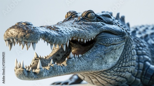Close-up of crocodile head  open mouth  sharp teeth  textured skin  blue-gray color  wildlife  predatory gaze  clear detail