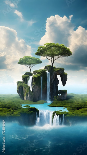 Surreal Fantasy Landscape with Floating Islands and Waterfalls  © Gohgah