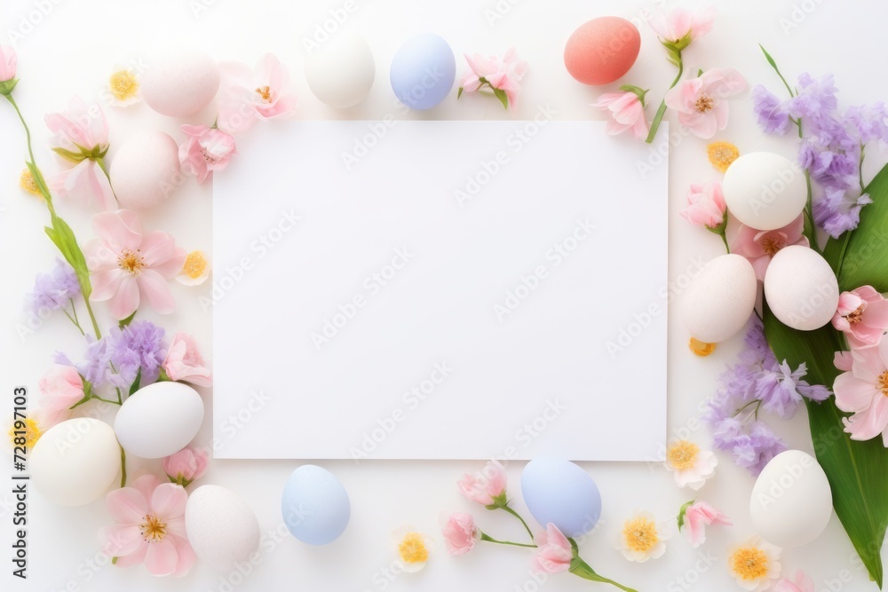 Fototapeta premium Colorful easter eggs and beautiful flower arranged around blank white invitation paper card. Happy easter day background concept with copyspace