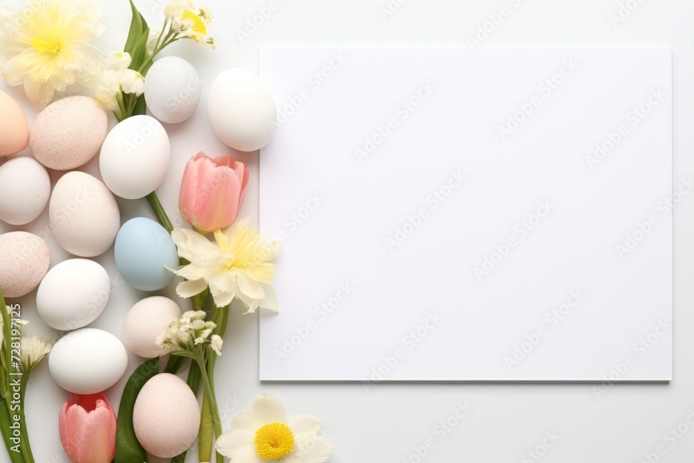 Colorful easter eggs and beautiful flower arranged around blank white invitation paper card. Happy easter day background concept with copyspace