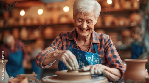 Craftsmanship in Older Age: Smiling Woman Enjoying Pottery Wheel in Studio