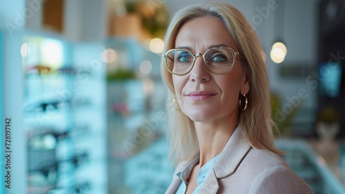 Middle aged woman in optical store. Customer trying on new glasses