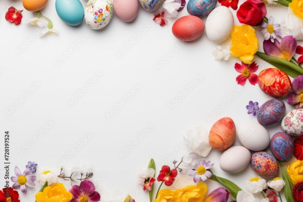 Colorful easter eggs and beautiful flower arranged and isolated on white background. Happy easter day background concept. Colorful easter eggs and beautiful flower arranged and isolated on white background. Happy easter day background concept.