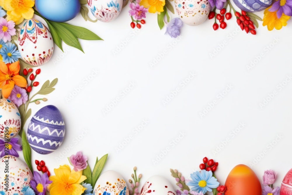 Colorful easter eggs and beautiful flower arranged and isolated on white background. Happy easter day draw painting background concept.