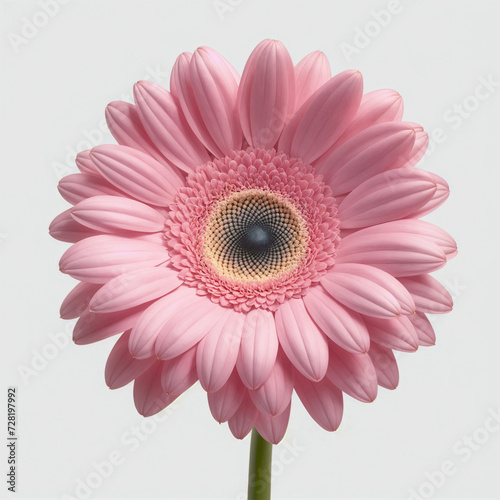 A single pink gerbera daisy on a green stem against a white background. ai generative