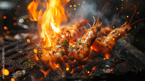 Freshly caught shrimp are given a fiery makeover as they are expertly skewered and p over hot coals. Flames dance around the shrimp infusing them with a hint of smokiness © Justlight