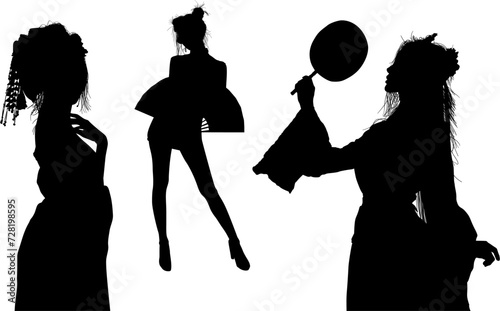 silueta, gente, mujer, vector, china, japon, kimono, pose, abanico