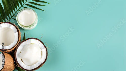 Coconut with jars of coconut oil and cosmetic cream.