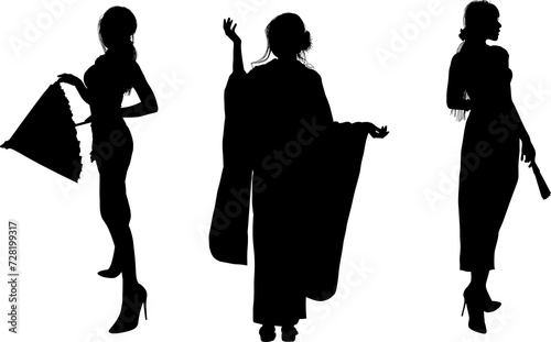 silueta, gente, mujer, vector, china, japon, kimono, pose, abanico