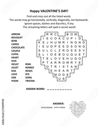 Valentine's Day heart shaped word search puzzle. Answer included.
