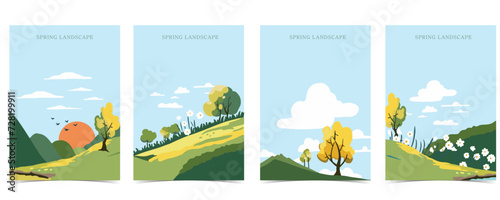Spring landscape background with mountain and tree Editable vector illustration for postcard,a4 vertical size