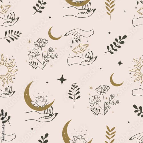 mystic seamless pattern illustration design with hand and crystal