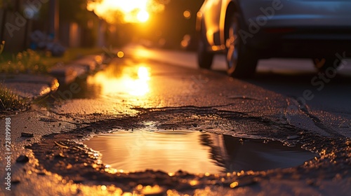 City Life and Infrastructure: Reflective Pothole on Wet Asphalt at Dusk photo