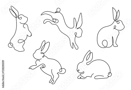 set of easter rabbits, outline vector illustration, lovely bunny, animal silhouette, minimalist oneline 