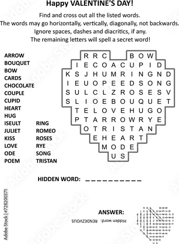 Valentine's Day heart shaped word search puzzle. Answer included.
